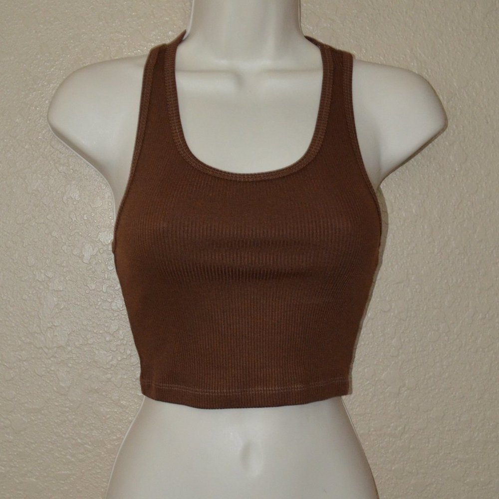 NWT Sz S SPRWMN Brown Ribbed Cropped Racerback Tank Top